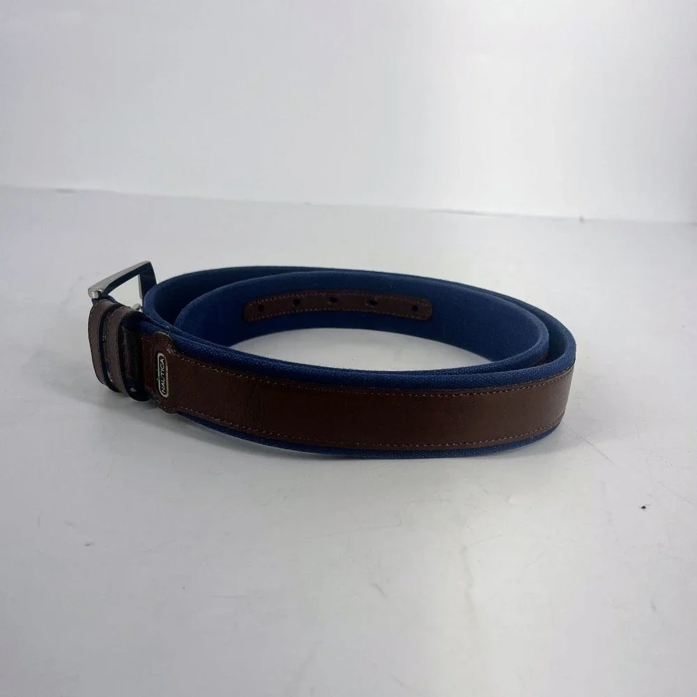 Nautica Mens Belt Brown‎ Leather Blue Canvas Silver Buckle Size 40